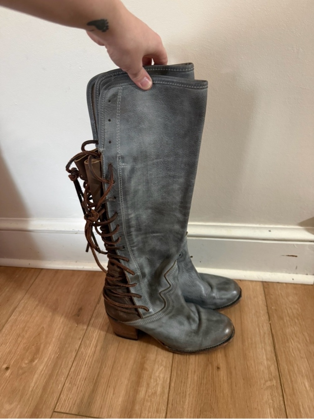 Freebird by Steven Gray Knee-High Lace-Up Boots with Brown Laces